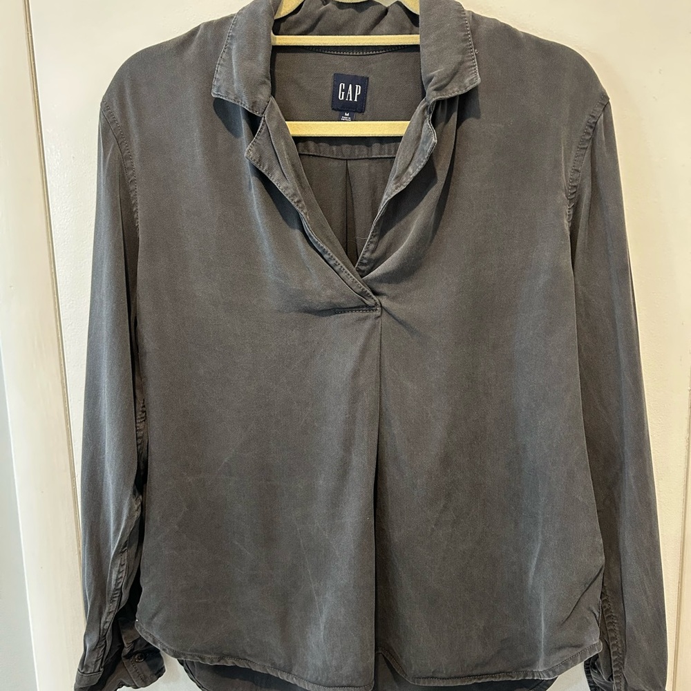 GAP Gray Long Sleeve Tie Front Blouse